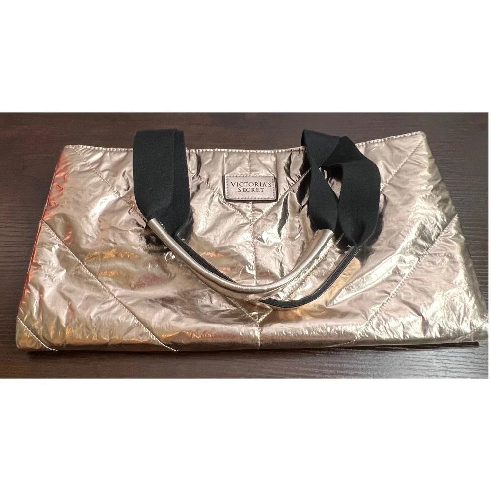Victoria's‎ Secret Metallic Rose Gold Quilted Tote Bag Glam Shopper Carryall Y2K